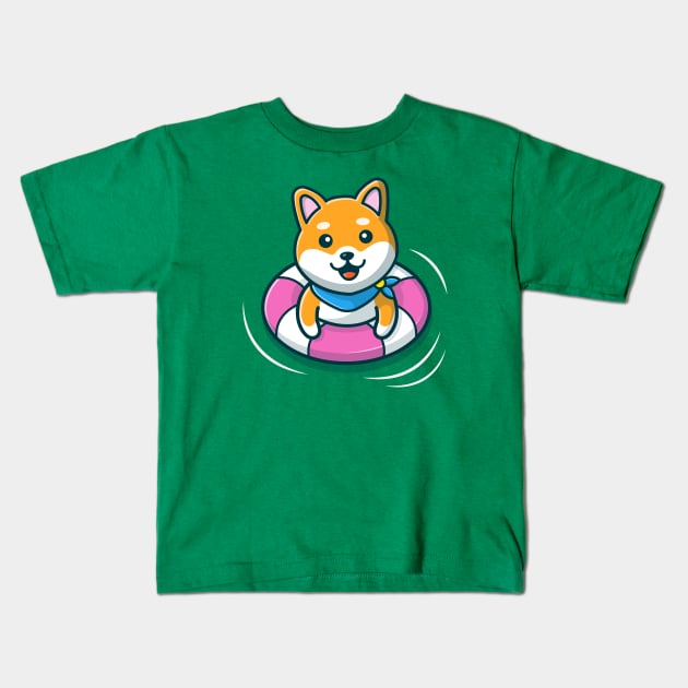 Cute Shiba Inu Dog Floating With Swimming Tires Kids T-Shirt by Catalyst Labs